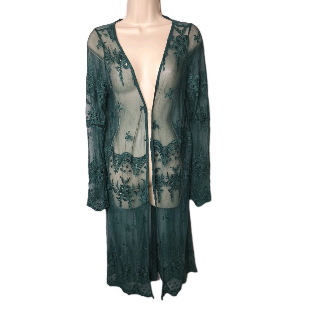 Harte Monde Sheer Lace Duster Kimono Green Embroidered Long Cardigan Boho L